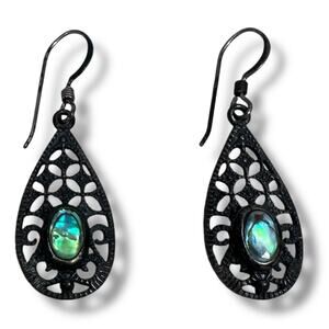 Sterling Silver Filigree Teardrop Earrings Simulated Opal Gemstone Jewelry Women